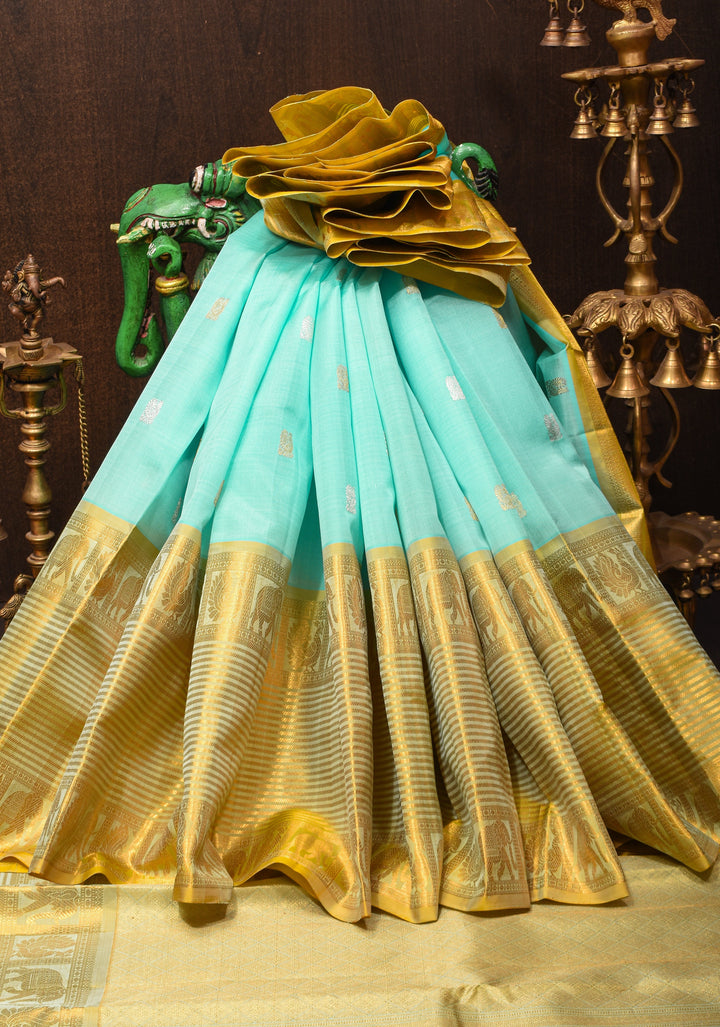 Cyan Kora Kanjivaram Silk Saree with Sona Rupa Motifs and Zari 13" Border, Grand Pallu | SILK MARK CERTIFIED