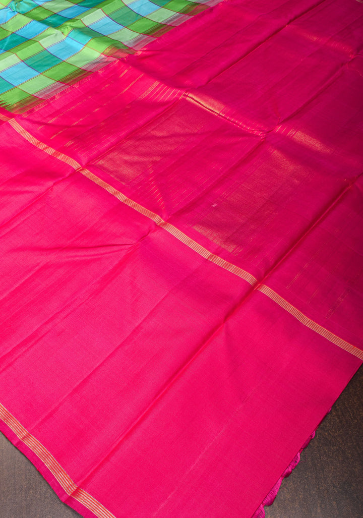 Green and Blue Checks Kanjivaram silk Saree with Pink Rettaipet Contrast Border | SILK MARK CERTIFIED