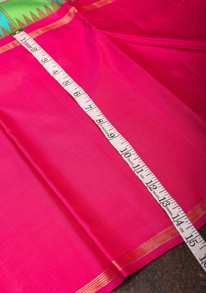 Green and Blue Checks Kanjivaram silk Saree with Pink Rettaipet Contrast Border | SILK MARK CERTIFIED