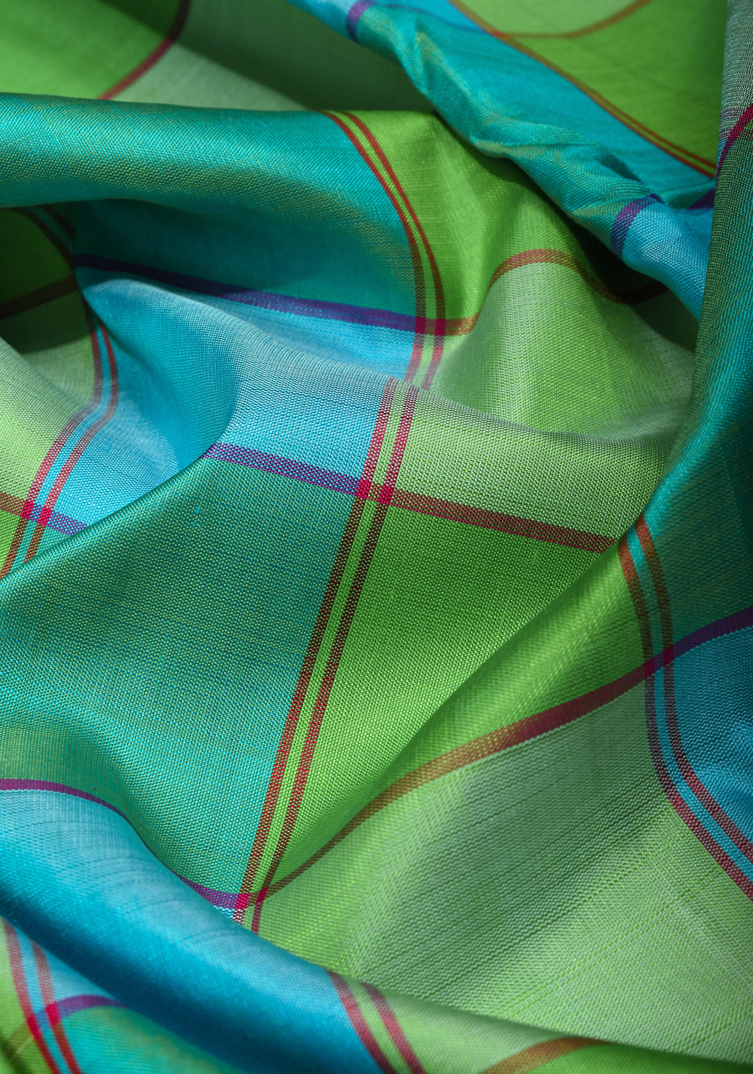 Green and Blue Checks Kanjivaram silk Saree with Pink Rettaipet Contrast Border | SILK MARK CERTIFIED