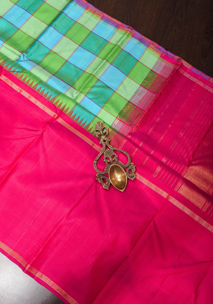 Green and Blue Checks Kanjivaram silk Saree with Pink Rettaipet Contrast Border | SILK MARK CERTIFIED