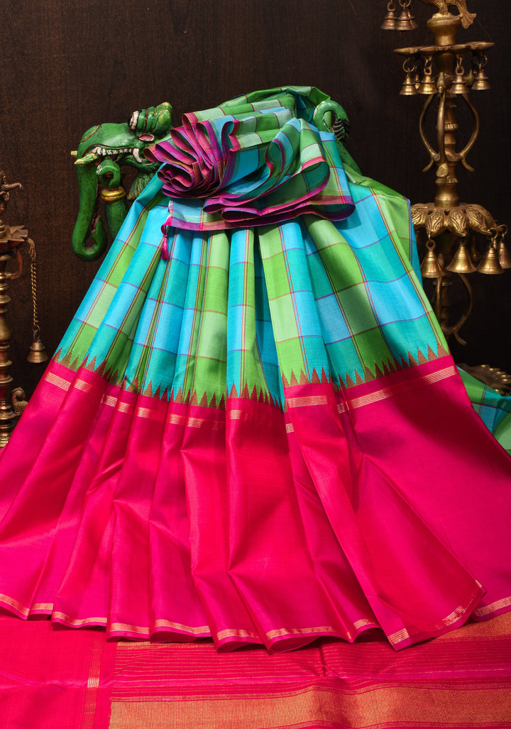Green and Blue Checks Kanjivaram silk Saree with Pink Rettaipet Contrast Border | SILK MARK CERTIFIED