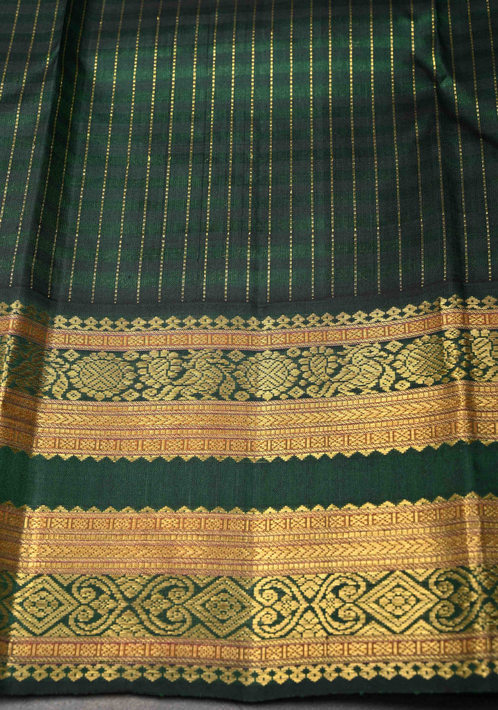 Pure Zari Korvai Green vertical Zari Stripes Kanjivaram Silk Saree with contrast zari border | SILK MARK CERTIFIED