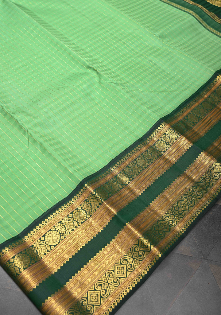 Pure Zari Korvai Green vertical Zari Stripes Kanjivaram Silk Saree with contrast zari border | SILK MARK CERTIFIED