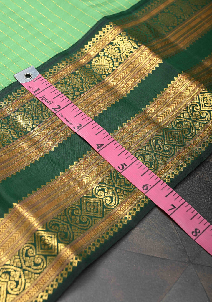 Pure Zari Korvai Green vertical Zari Stripes Kanjivaram Silk Saree with contrast zari border | SILK MARK CERTIFIED