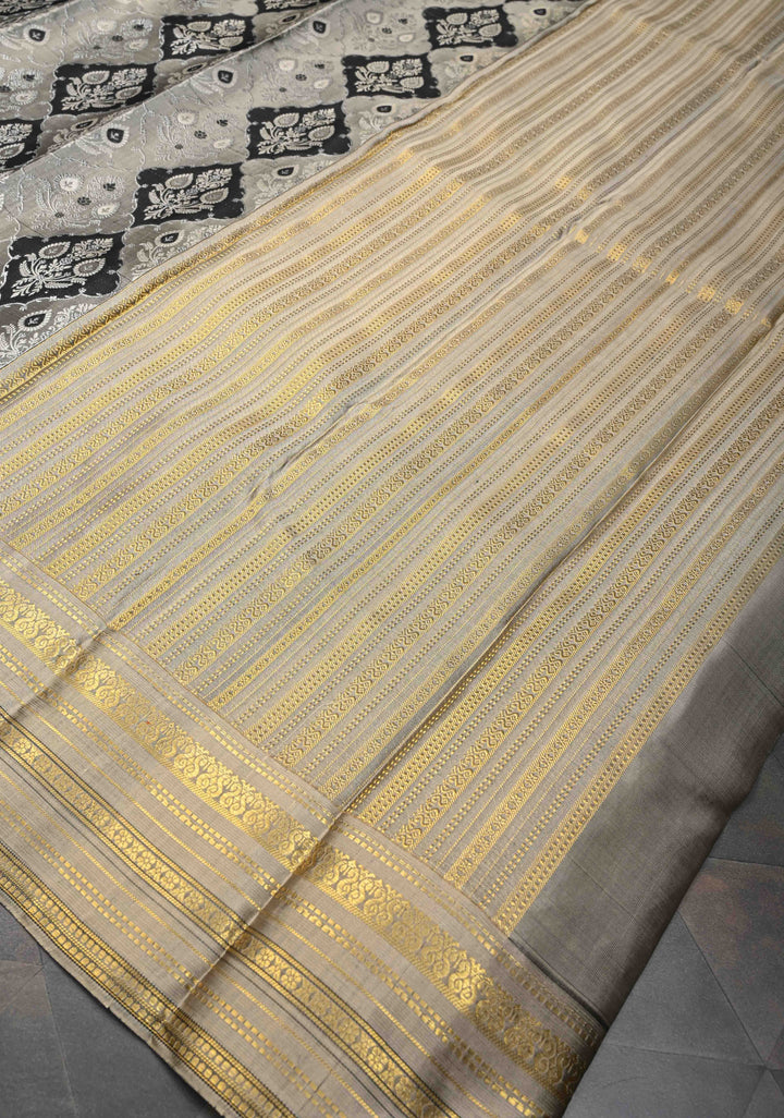 Gray and Black Tissue Kanjivaram Silk Saree with Floral Brocade and Zari Border | SILK MARK CERTIFIED