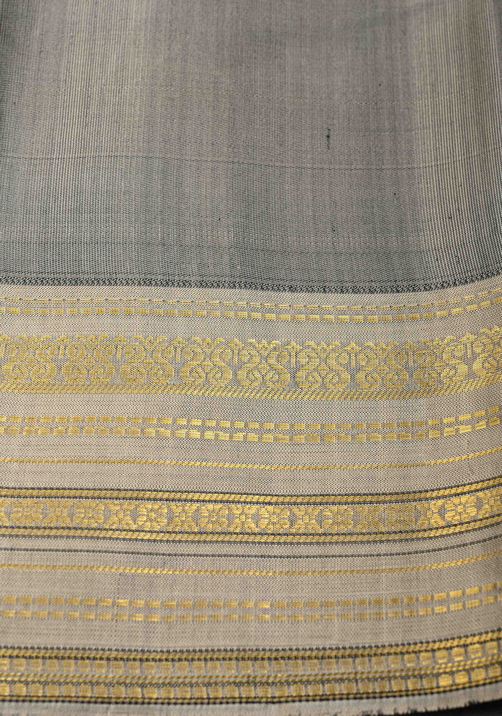 Gray and Black Tissue Kanjivaram Silk Saree with Floral Brocade and Zari Border | SILK MARK CERTIFIED