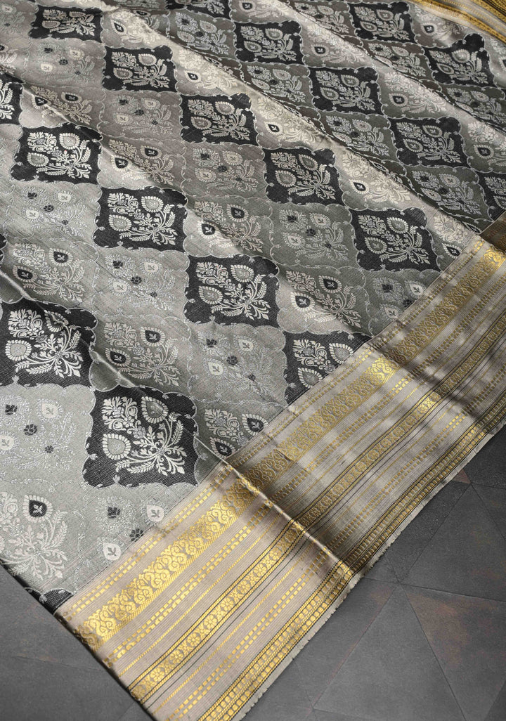 Gray and Black Tissue Kanjivaram Silk Saree with Floral Brocade and Zari Border | SILK MARK CERTIFIED