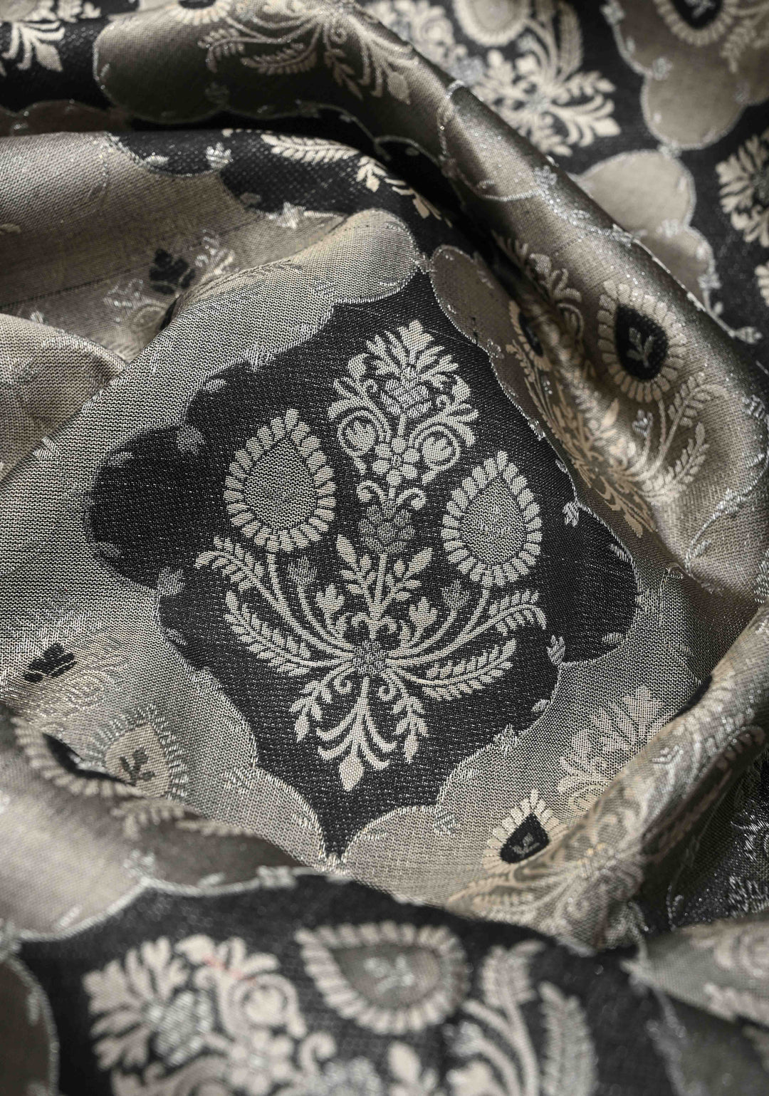 Gray and Black Tissue Kanjivaram Silk Saree with Floral Brocade and Zari Border | SILK MARK CERTIFIED