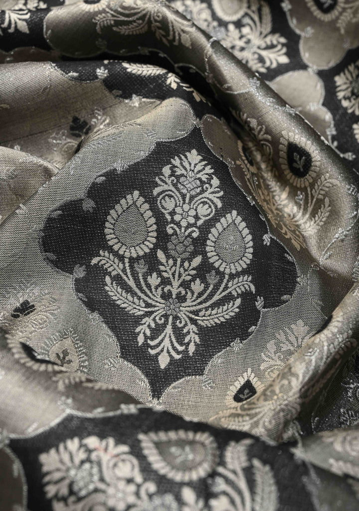 Gray and Black Tissue Kanjivaram Silk Saree with Floral Brocade and Zari Border | SILK MARK CERTIFIED
