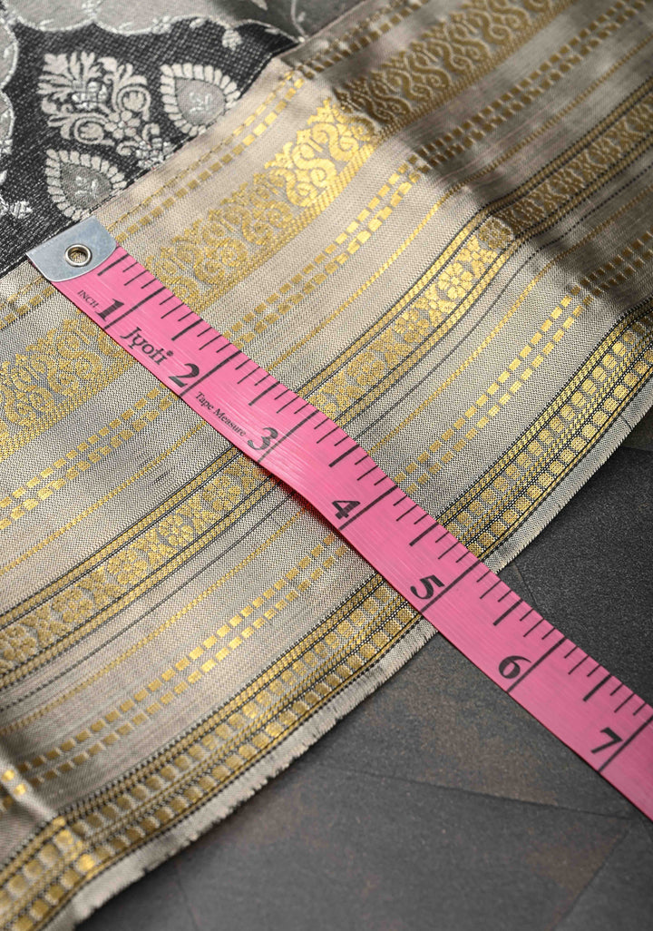 Gray and Black Tissue Kanjivaram Silk Saree with Floral Brocade and Zari Border | SILK MARK CERTIFIED