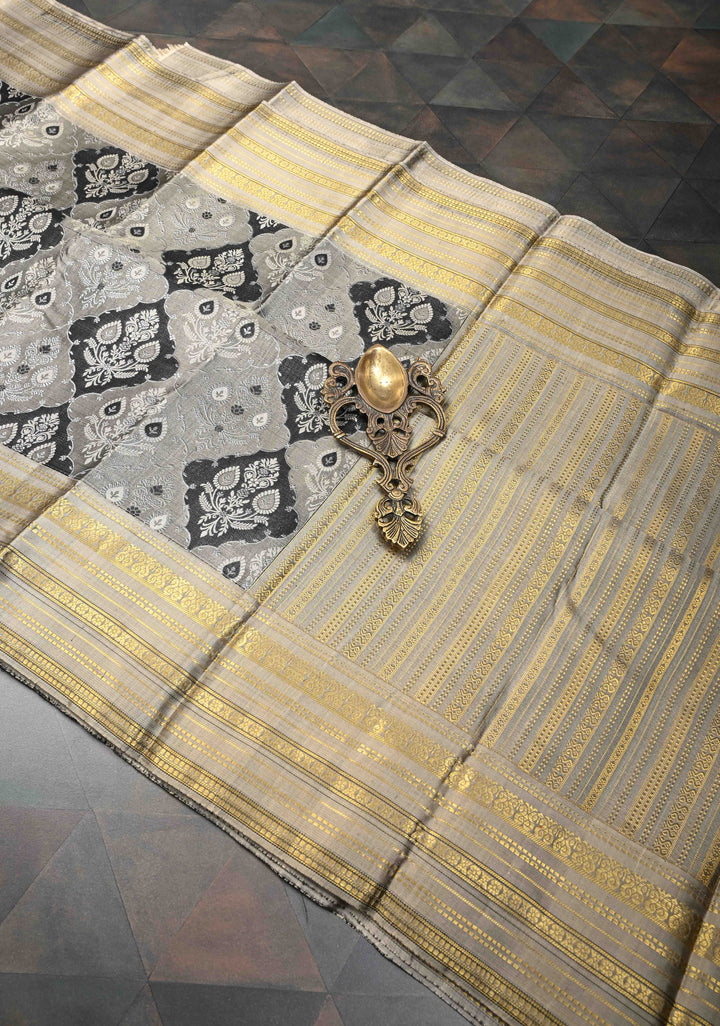 Gray and Black Tissue Kanjivaram Silk Saree with Floral Brocade and Zari Border | SILK MARK CERTIFIED
