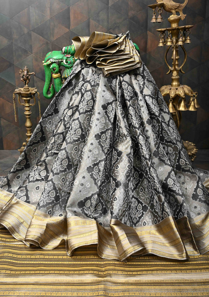 Gray and Black Tissue Kanjivaram Silk Saree with Floral Brocade and Zari Border | SILK MARK CERTIFIED