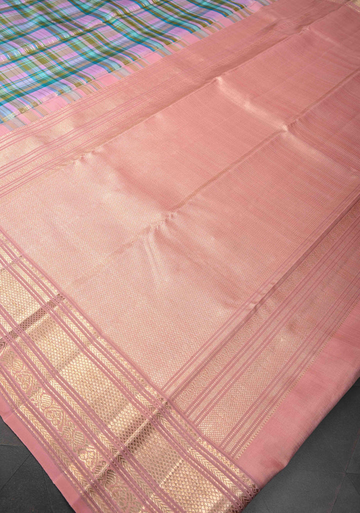 Multicolor Kanjivaram Silk Saree with Horizontal zari stripes in Check Pattern And Contarst Zari Border | SILK MARK CERTIFIED