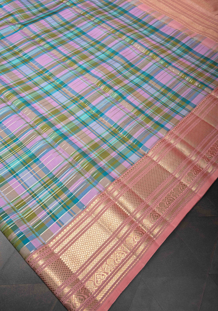 Multicolor Kanjivaram Silk Saree with Horizontal zari stripes in Check Pattern And Contarst Zari Border | SILK MARK CERTIFIED