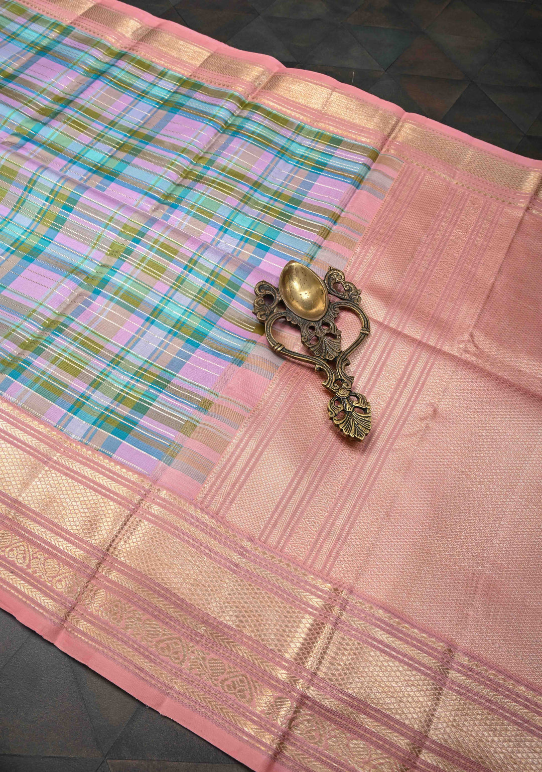 Multicolor Kanjivaram Silk Saree with Horizontal zari stripes in Check Pattern And Contarst Zari Border | SILK MARK CERTIFIED