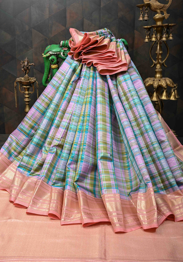 Multicolor Kanjivaram Silk Saree with Horizontal zari stripes in Check Pattern And Contarst Zari Border | SILK MARK CERTIFIED
