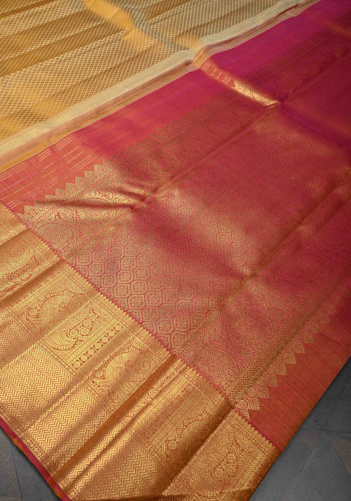 Pure Silver Jari On Sandalwood Brocade Kanjivaram Silk Saree With Contrast Zari Border | SILK MARK CERTIFIED
