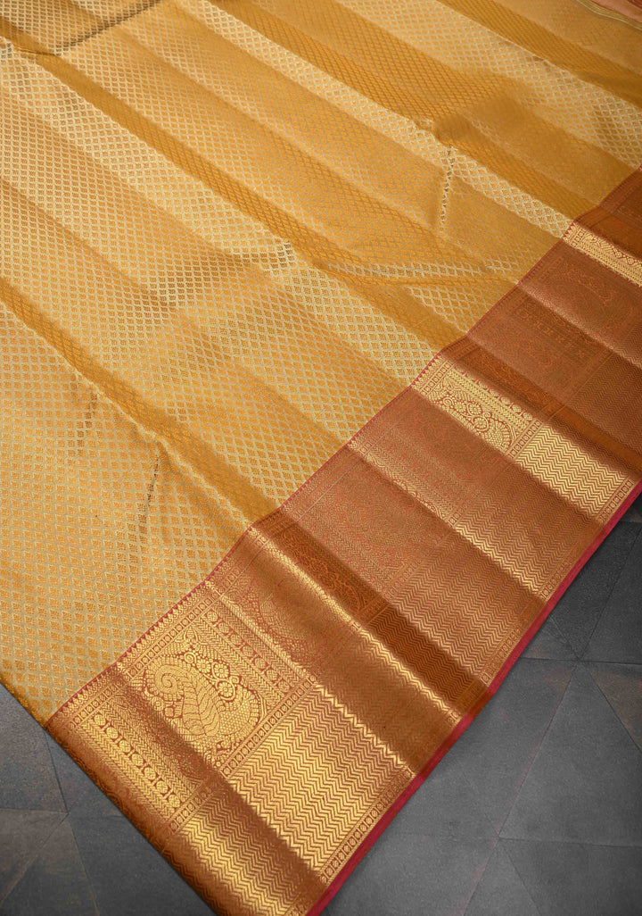 Pure Silver Jari On Sandalwood Brocade Kanjivaram Silk Saree With Contrast Zari Border | SILK MARK CERTIFIED
