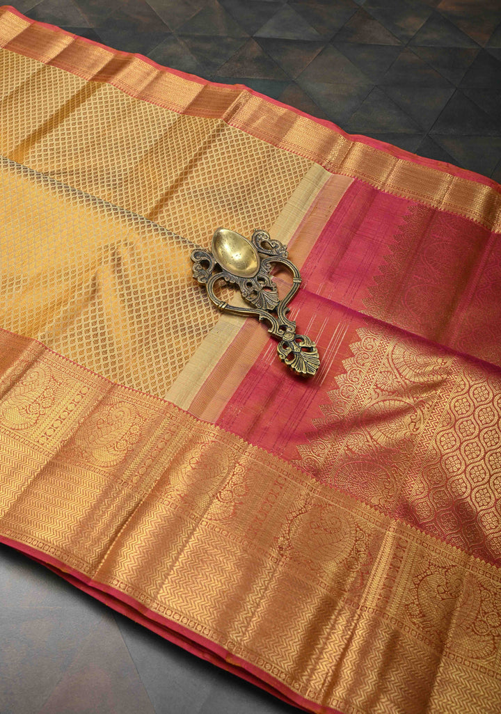 Pure Silver Jari On Sandalwood Brocade Kanjivaram Silk Saree With Contrast Zari Border | SILK MARK CERTIFIED