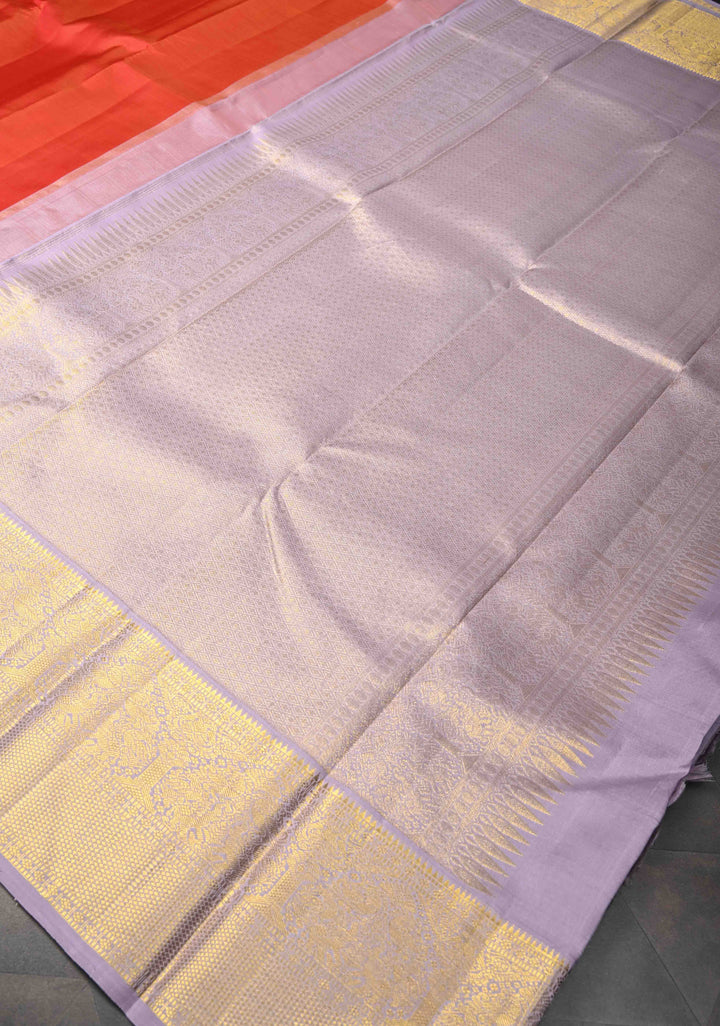 Orange-Red Pure Kanjivaram Silk Saree with contrast zari Border | SILK MARK CERTIFIED