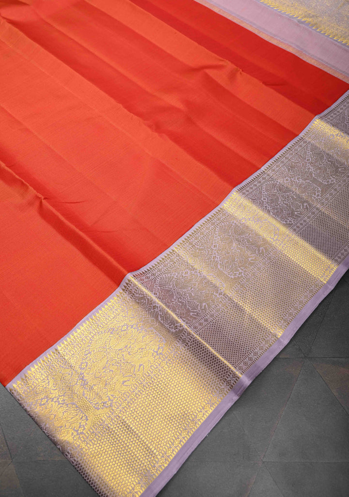 Orange-Red Pure Kanjivaram Silk Saree with contrast zari Border | SILK MARK CERTIFIED