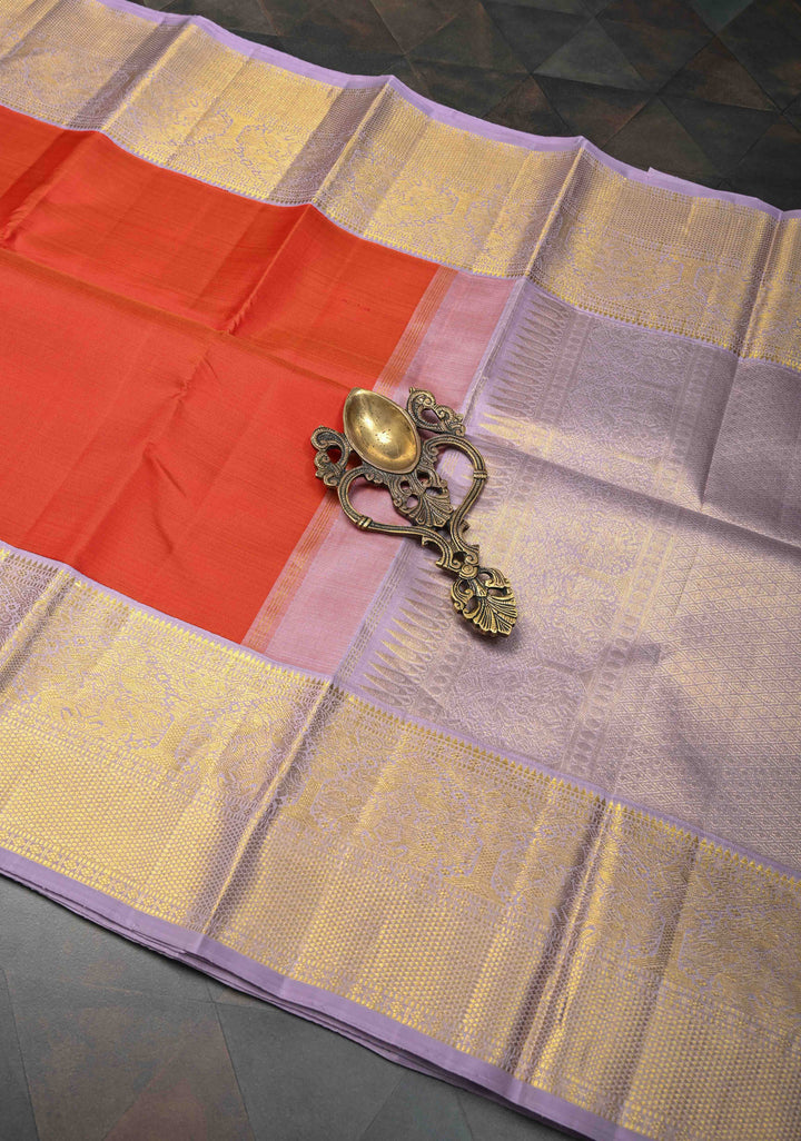 Orange-Red Pure Kanjivaram Silk Saree with contrast zari Border | SILK MARK CERTIFIED