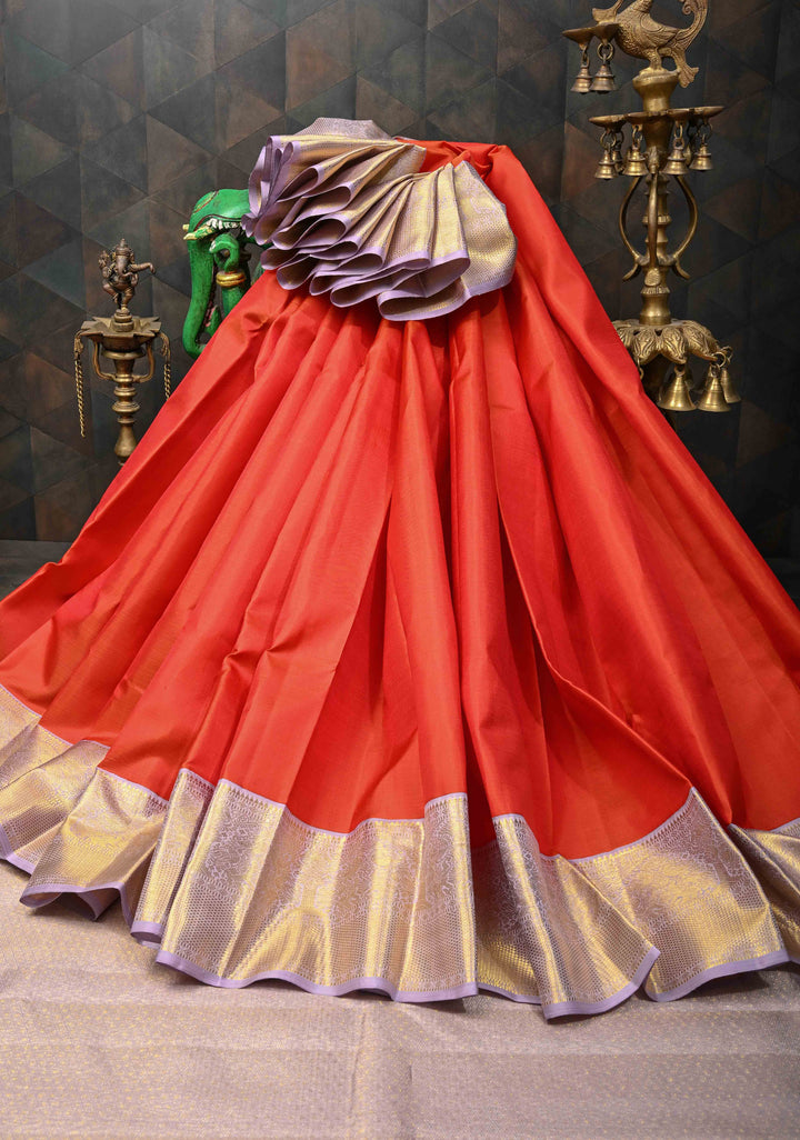 Orange-Red Pure Kanjivaram Silk Saree with contrast zari Border | SILK MARK CERTIFIED