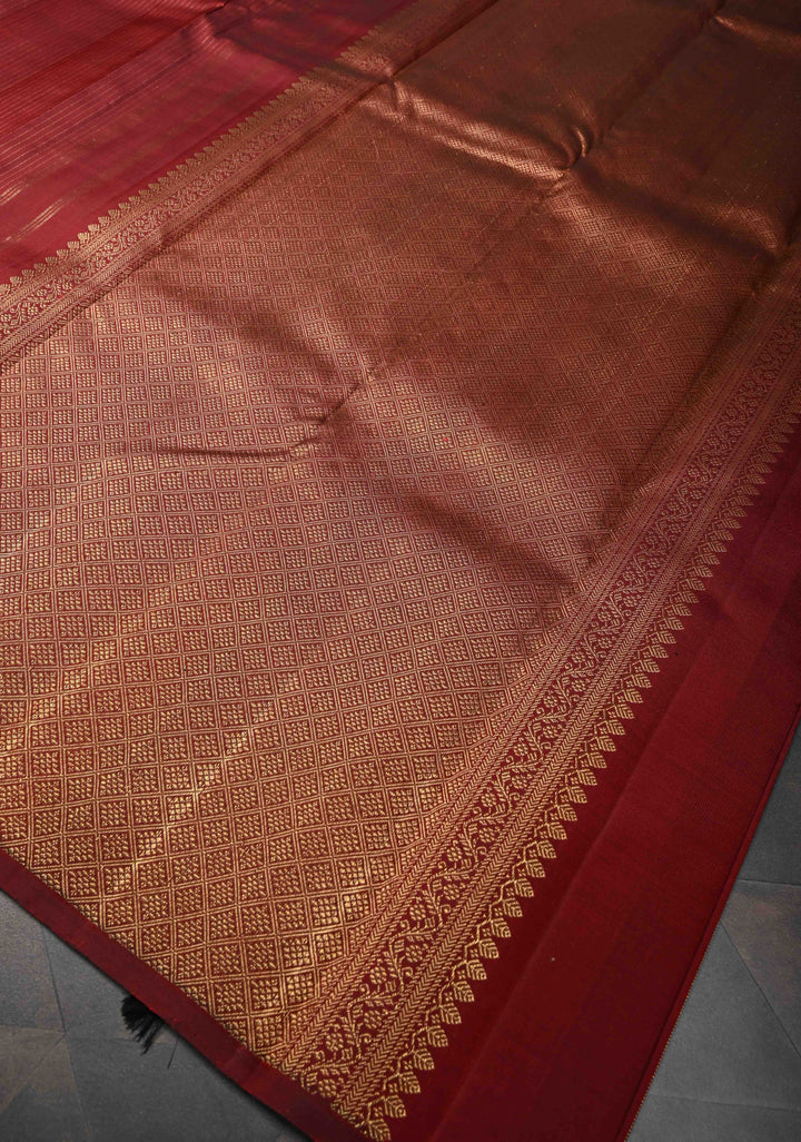 Maroon Borderless Pure Kanjivaram Silk Saree with Vertical Zari Stripes and Contrast Blouse Piece | SILK MARK CERTIFIED