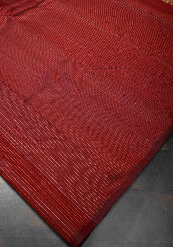 Maroon Borderless Pure Kanjivaram Silk Saree with Vertical Zari Stripes and Contrast Blouse Piece | SILK MARK CERTIFIED