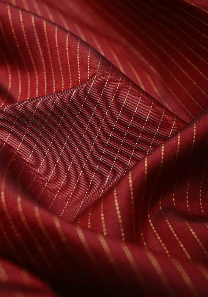 Maroon Borderless Pure Kanjivaram Silk Saree with Vertical Zari Stripes and Contrast Blouse Piece | SILK MARK CERTIFIED