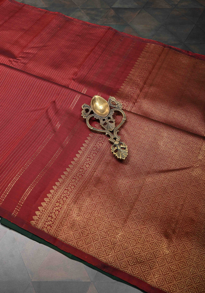 Maroon Borderless Pure Kanjivaram Silk Saree with Vertical Zari Stripes and Contrast Blouse Piece | SILK MARK CERTIFIED