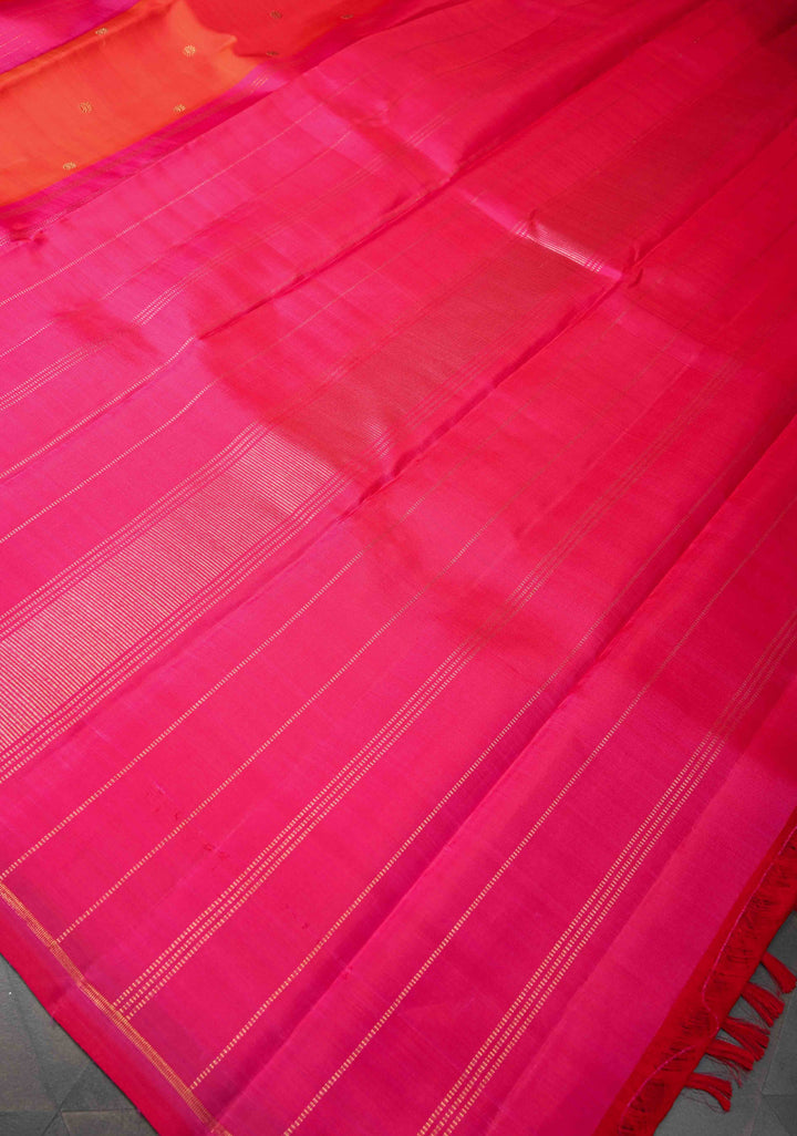 Borderless Orange Pure Silver Zari Kanjivaram Silk Saree with Pink Panel Zari Stripes and Zari Buttas | SILK MARK CERTIFIED