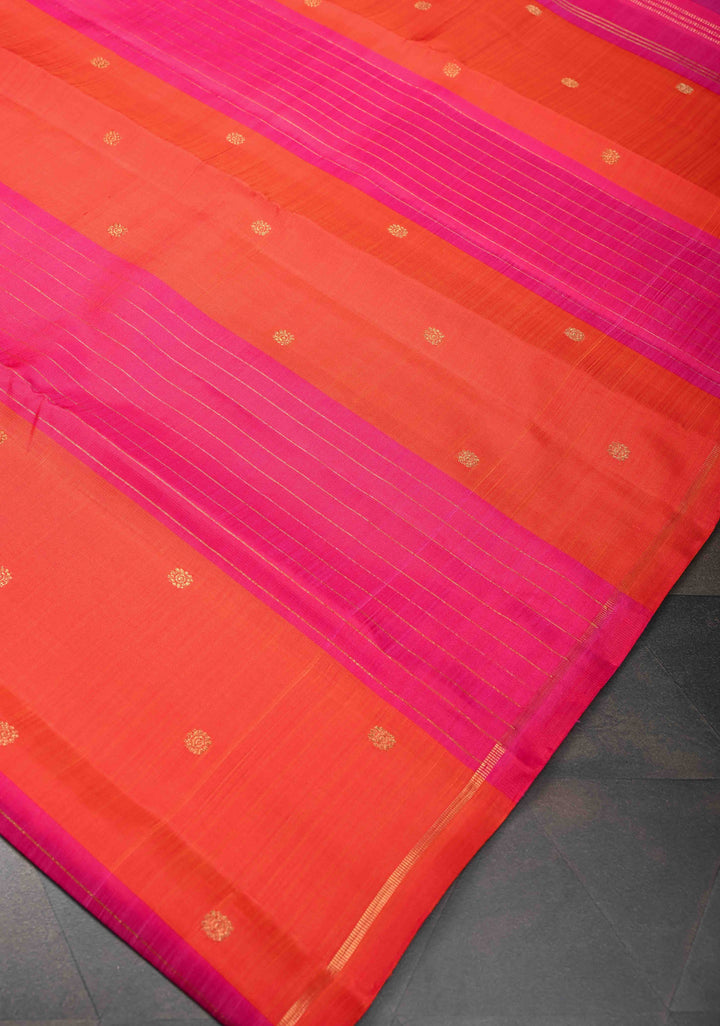 Borderless Orange Pure Silver Zari Kanjivaram Silk Saree with Pink Panel Zari Stripes and Zari Buttas | SILK MARK CERTIFIED