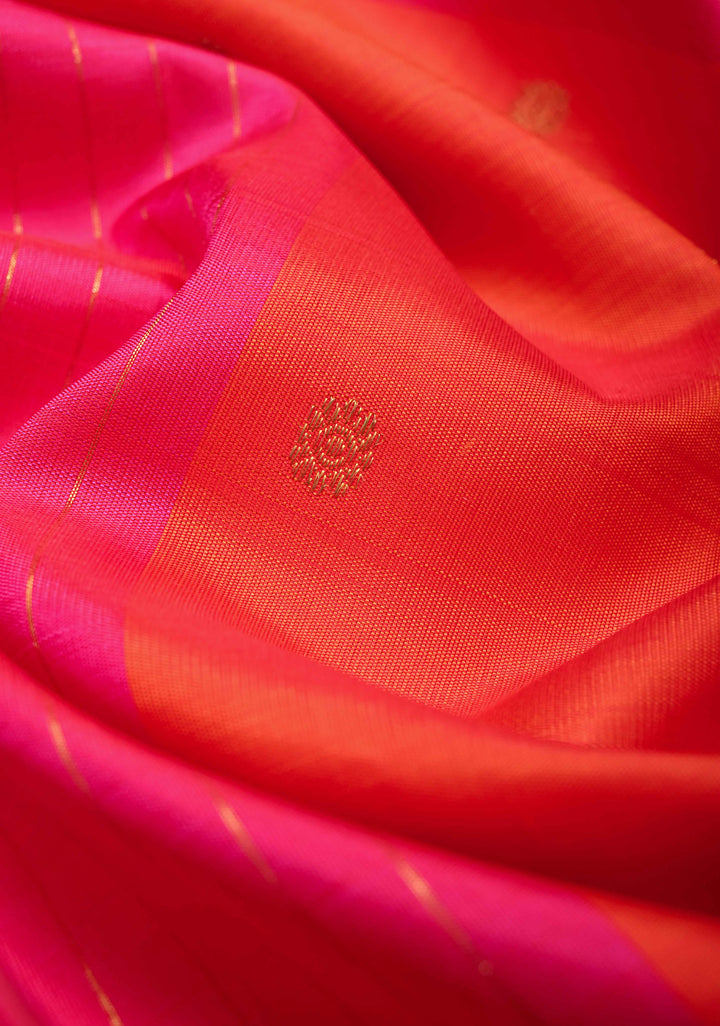 Borderless Orange Pure Silver Zari Kanjivaram Silk Saree with Pink Panel Zari Stripes and Zari Buttas | SILK MARK CERTIFIED
