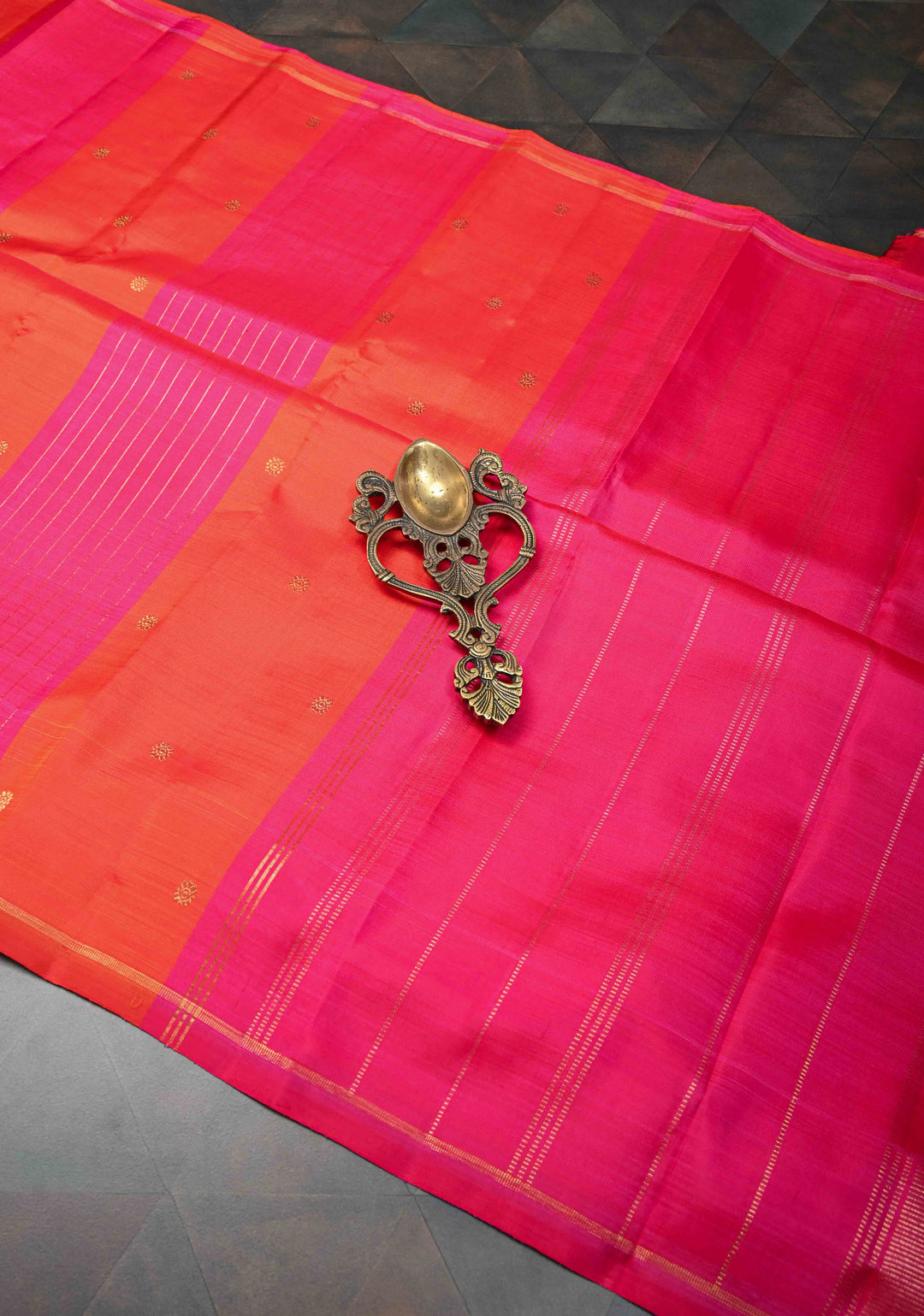 Borderless Orange Pure Silver Zari Kanjivaram Silk Saree with Pink Panel Zari Stripes and Zari Buttas | SILK MARK CERTIFIED