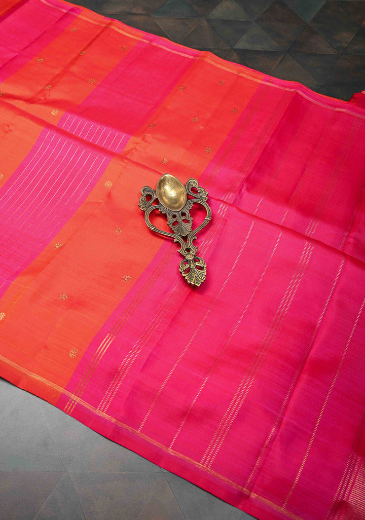 Borderless Orange Pure Silver Zari Kanjivaram Silk Saree with Pink Panel Zari Stripes and Zari Buttas | SILK MARK CERTIFIED