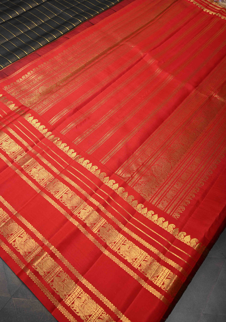 Black Horizontal Zari Stripes Kanjivaram Silk Saree with Wide Contrast Zari Border | SILK MARK CERTIFIED