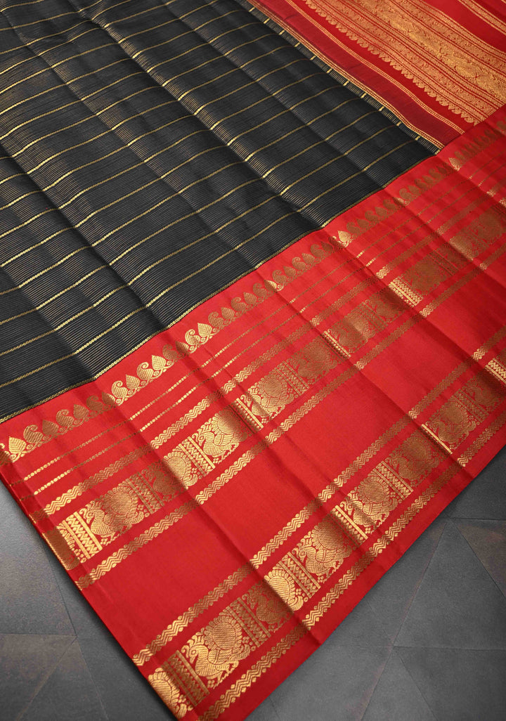 Black Horizontal Zari Stripes Kanjivaram Silk Saree with Wide Contrast Zari Border | SILK MARK CERTIFIED
