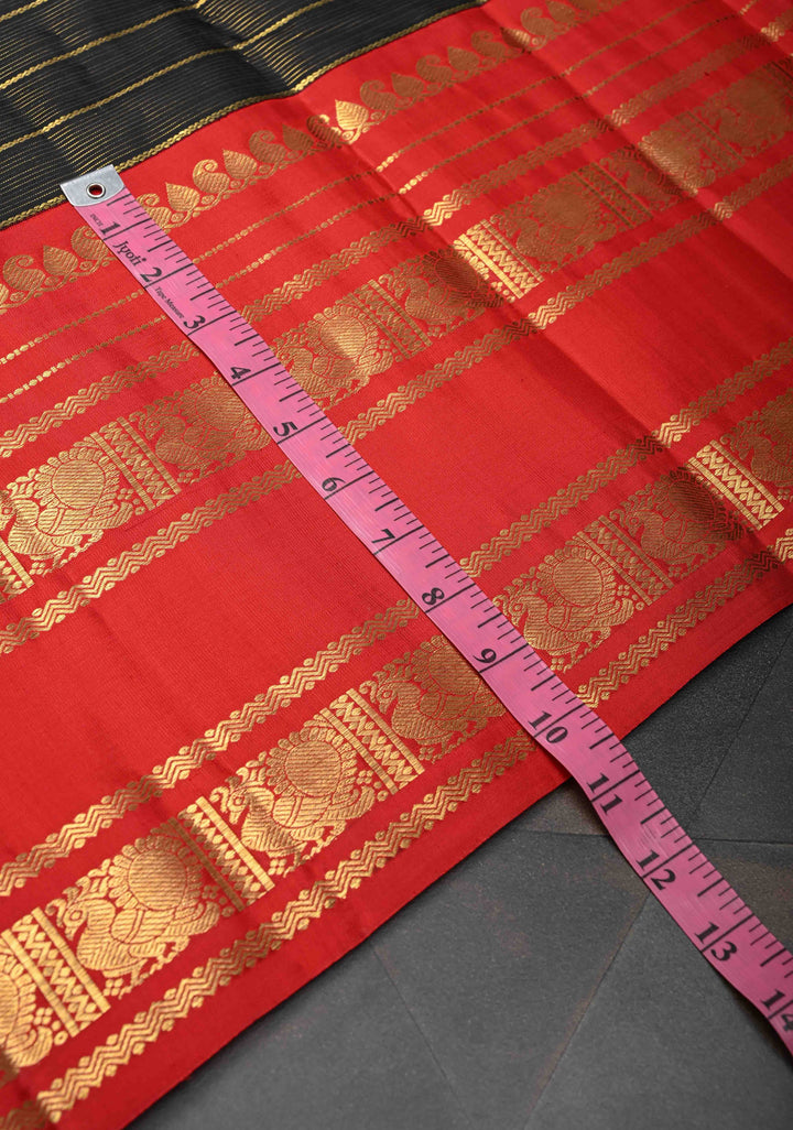Black Horizontal Zari Stripes Kanjivaram Silk Saree with Wide Contrast Zari Border | SILK MARK CERTIFIED