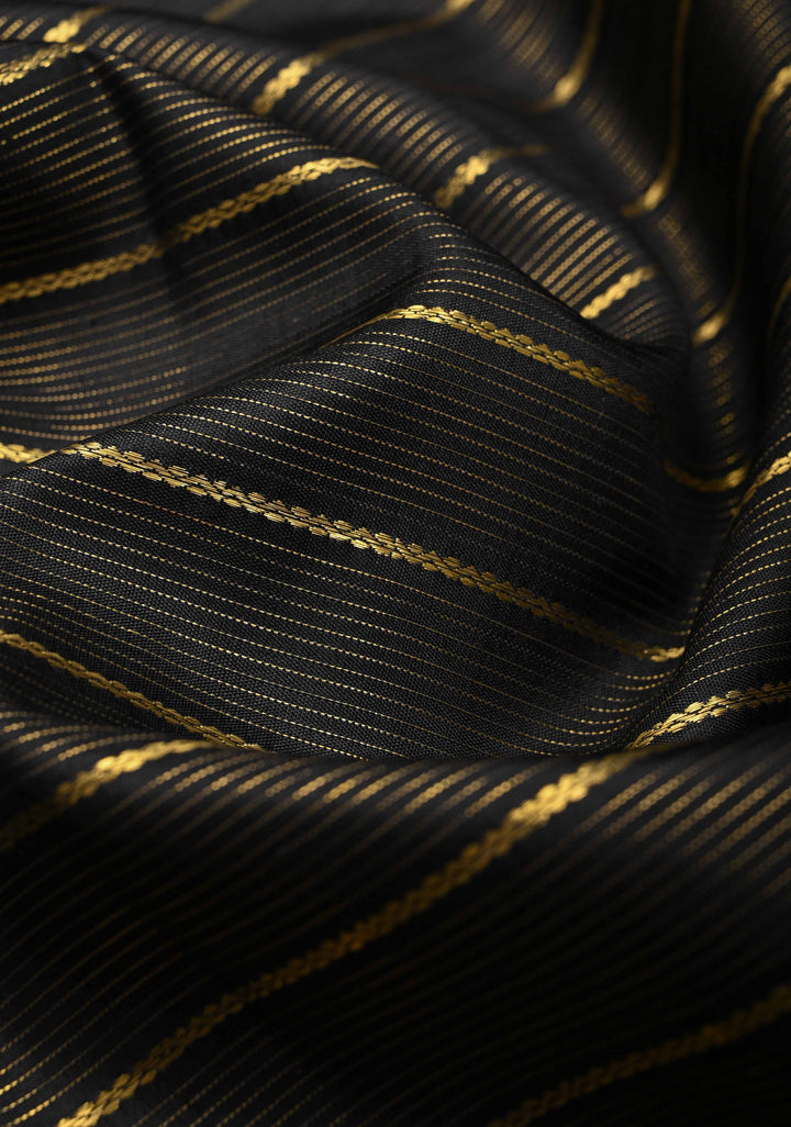 Black Horizontal Zari Stripes Kanjivaram Silk Saree with Wide Contrast Zari Border | SILK MARK CERTIFIED