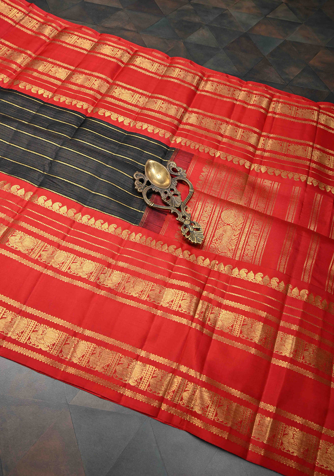 Black Horizontal Zari Stripes Kanjivaram Silk Saree with Wide Contrast Zari Border | SILK MARK CERTIFIED
