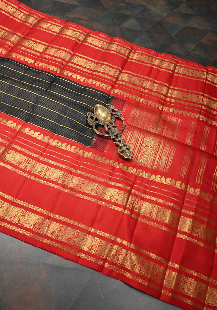 Black Horizontal Zari Stripes Kanjivaram Silk Saree with Wide Contrast Zari Border | SILK MARK CERTIFIED
