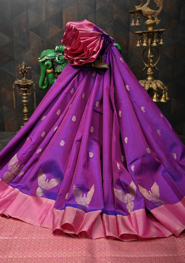 Pure Zari Purple Dual tone Pure Kanjivaram Silk Saree with Eagle Motifs and Contrast Zari Border | SILK MARK CERTIFIED