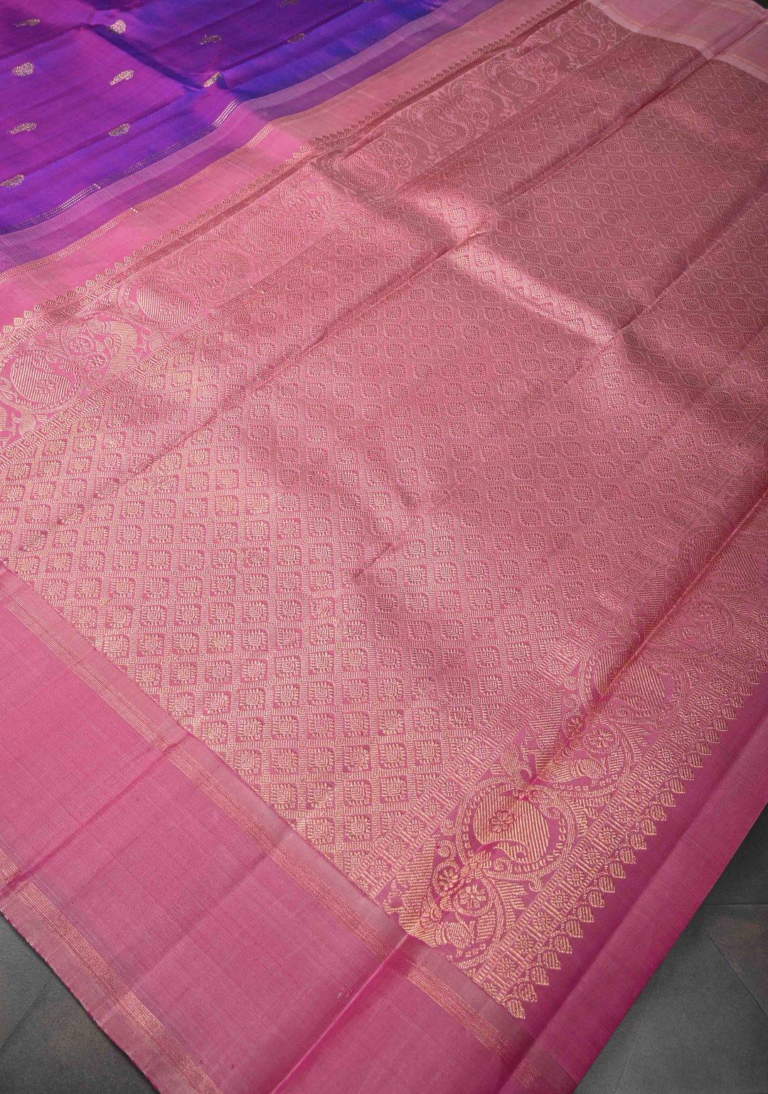 Pure Zari Purple Dual tone Pure Kanjivaram Silk Saree with Eagle Motifs and Contrast Zari Border | SILK MARK CERTIFIED