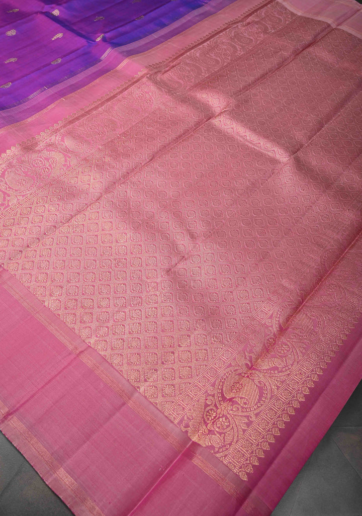 Pure Zari Purple Dual tone Pure Kanjivaram Silk Saree with Eagle Motifs and Contrast Zari Border | SILK MARK CERTIFIED