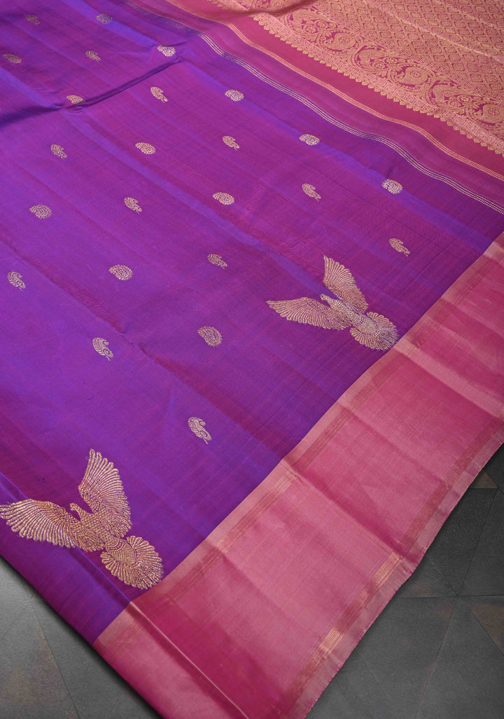 Pure Zari Purple Dual tone Pure Kanjivaram Silk Saree with Eagle Motifs and Contrast Zari Border | SILK MARK CERTIFIED