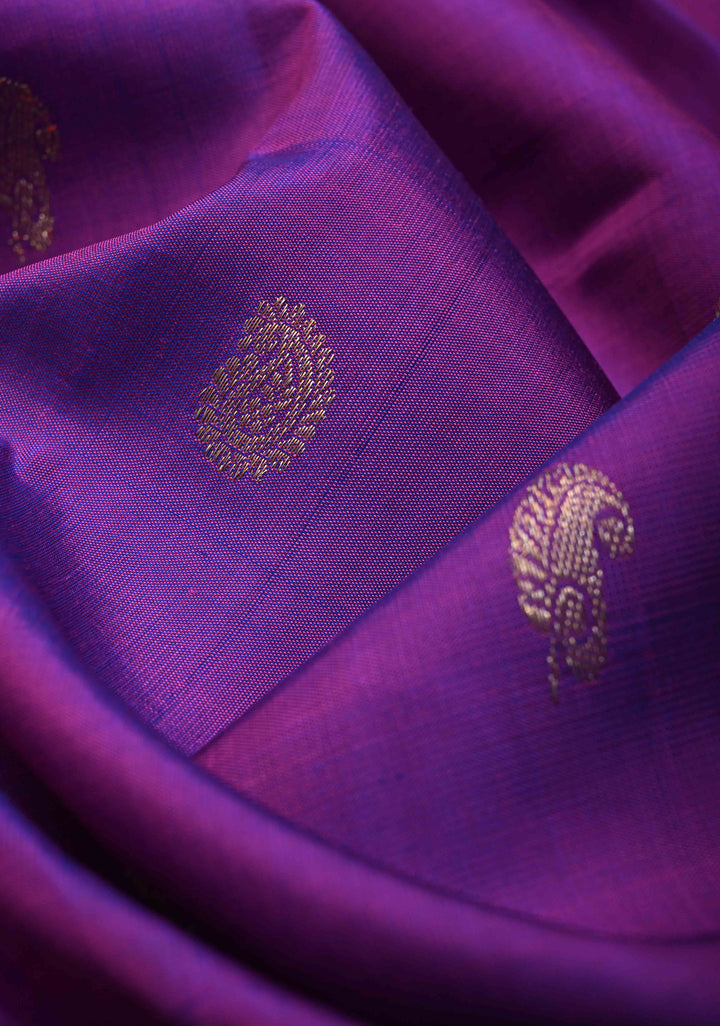 Pure Zari Purple Dual tone Pure Kanjivaram Silk Saree with Eagle Motifs and Contrast Zari Border | SILK MARK CERTIFIED