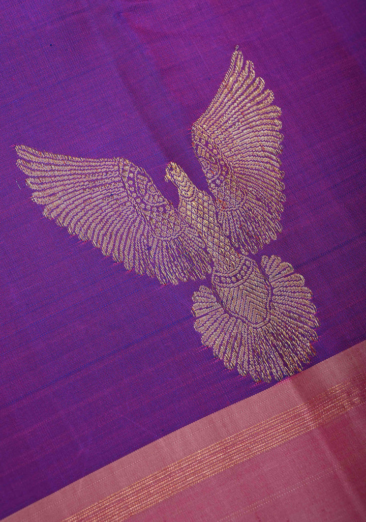 Pure Zari Purple Dual tone Pure Kanjivaram Silk Saree with Eagle Motifs and Contrast Zari Border | SILK MARK CERTIFIED