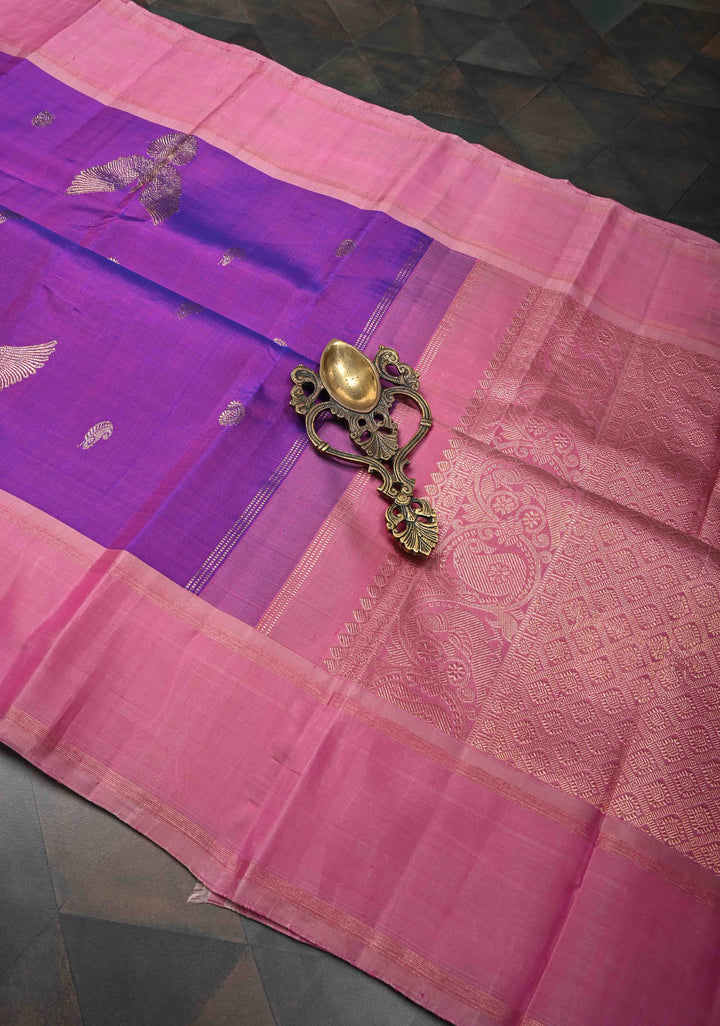 Pure Zari Purple Dual tone Pure Kanjivaram Silk Saree with Eagle Motifs and Contrast Zari Border | SILK MARK CERTIFIED